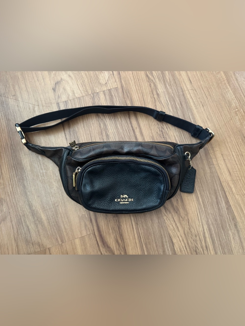 Coach Two-Tone Black and Brown Leather Belt Bag with Gold Hardware
